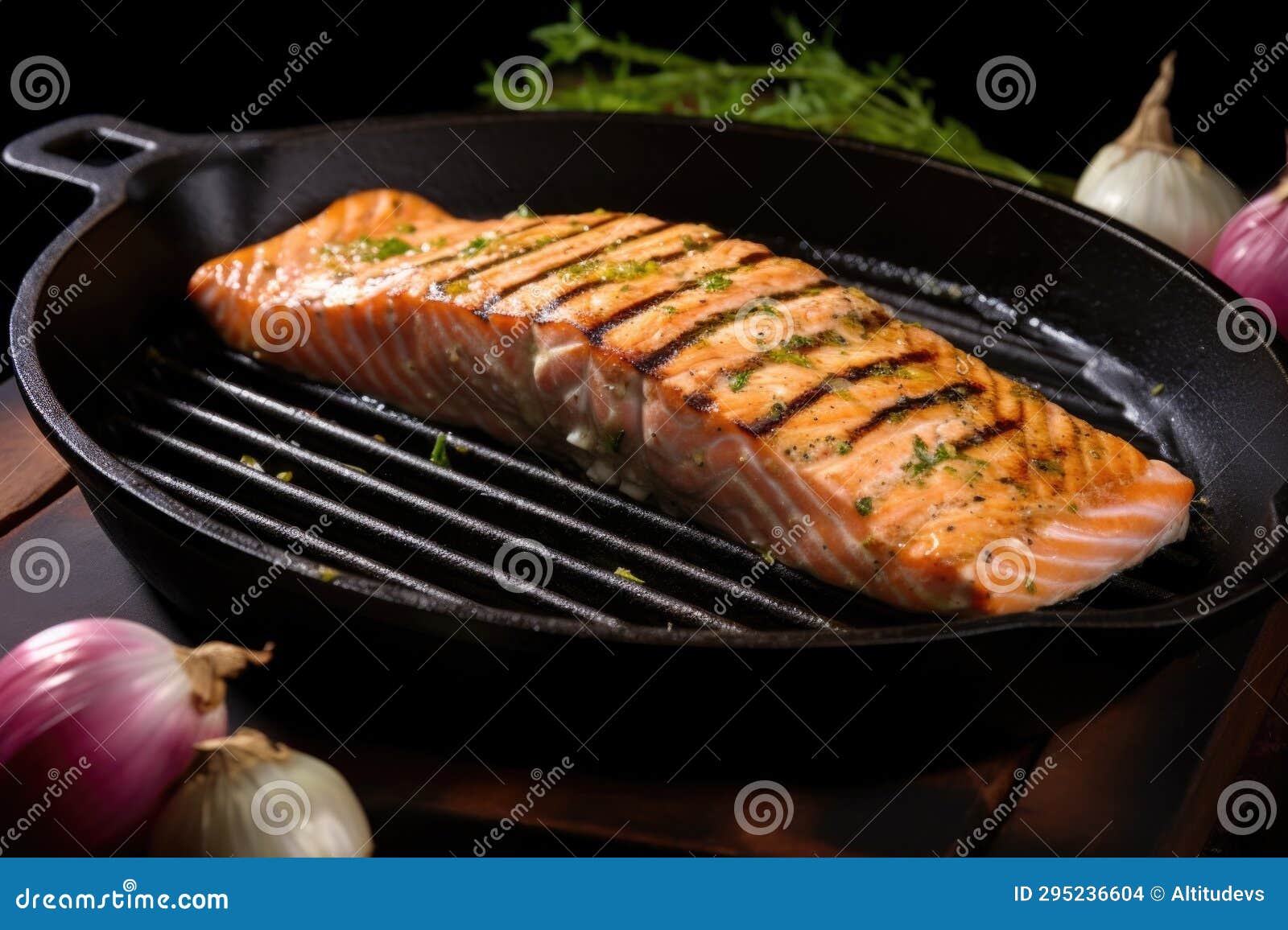 Salmon Steak with Grill Marks on a Cast Iron Skillet Stock Photo