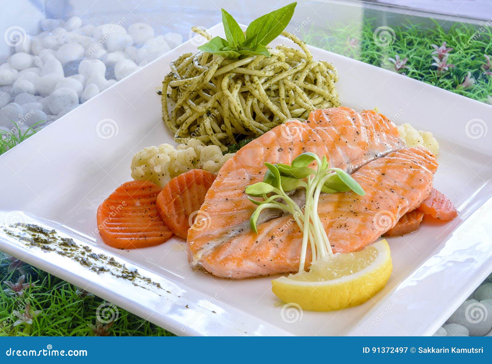 Salmon Steak Grill Served with Pesto Pasta Stock Image Image of