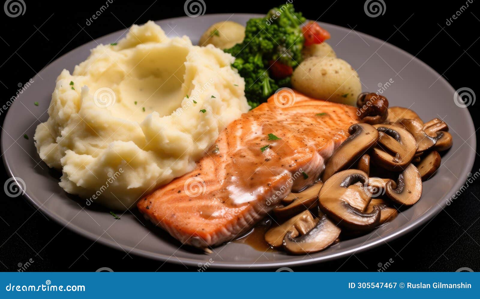 Salmon Steak with Mashed Potatoes, Closeup Stock Image - Image of ...