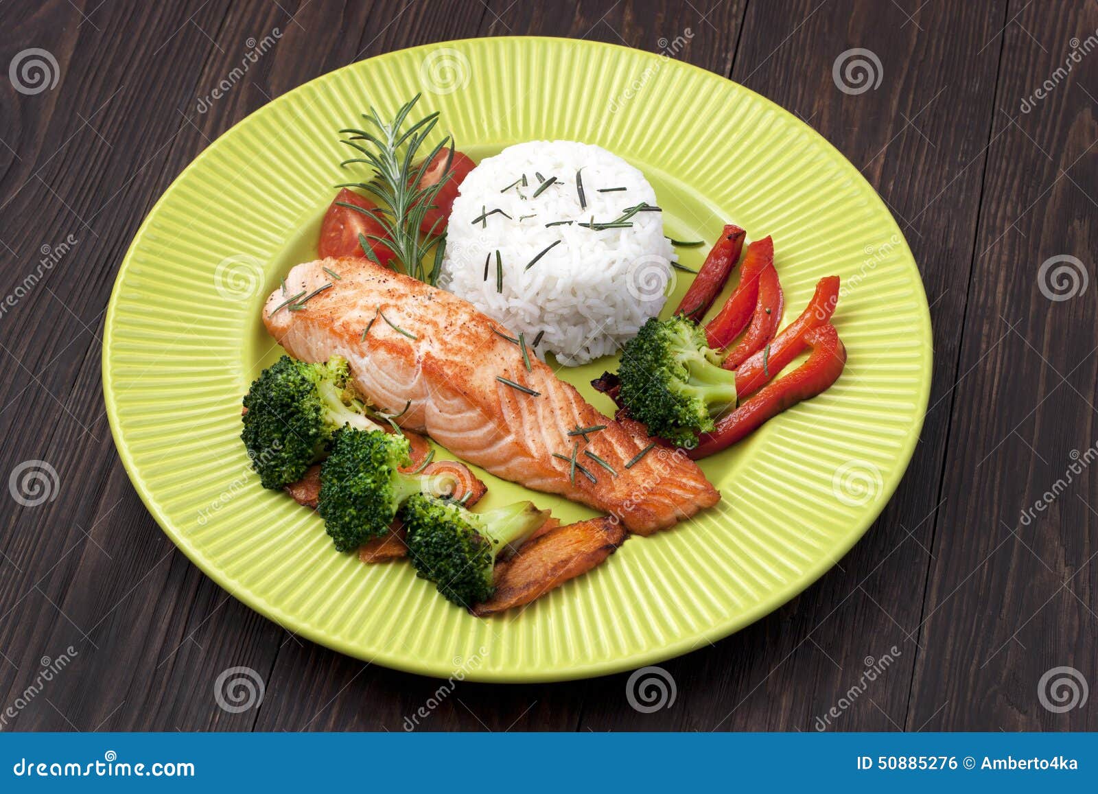 Salmon Steak Red Fish with Rice Garnich Stock Photo - Image of fillet ...
