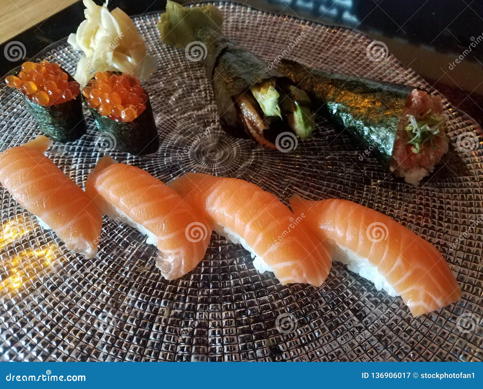Salmon Sushi and Rice and Seaweed on Plate Stock Image Image of