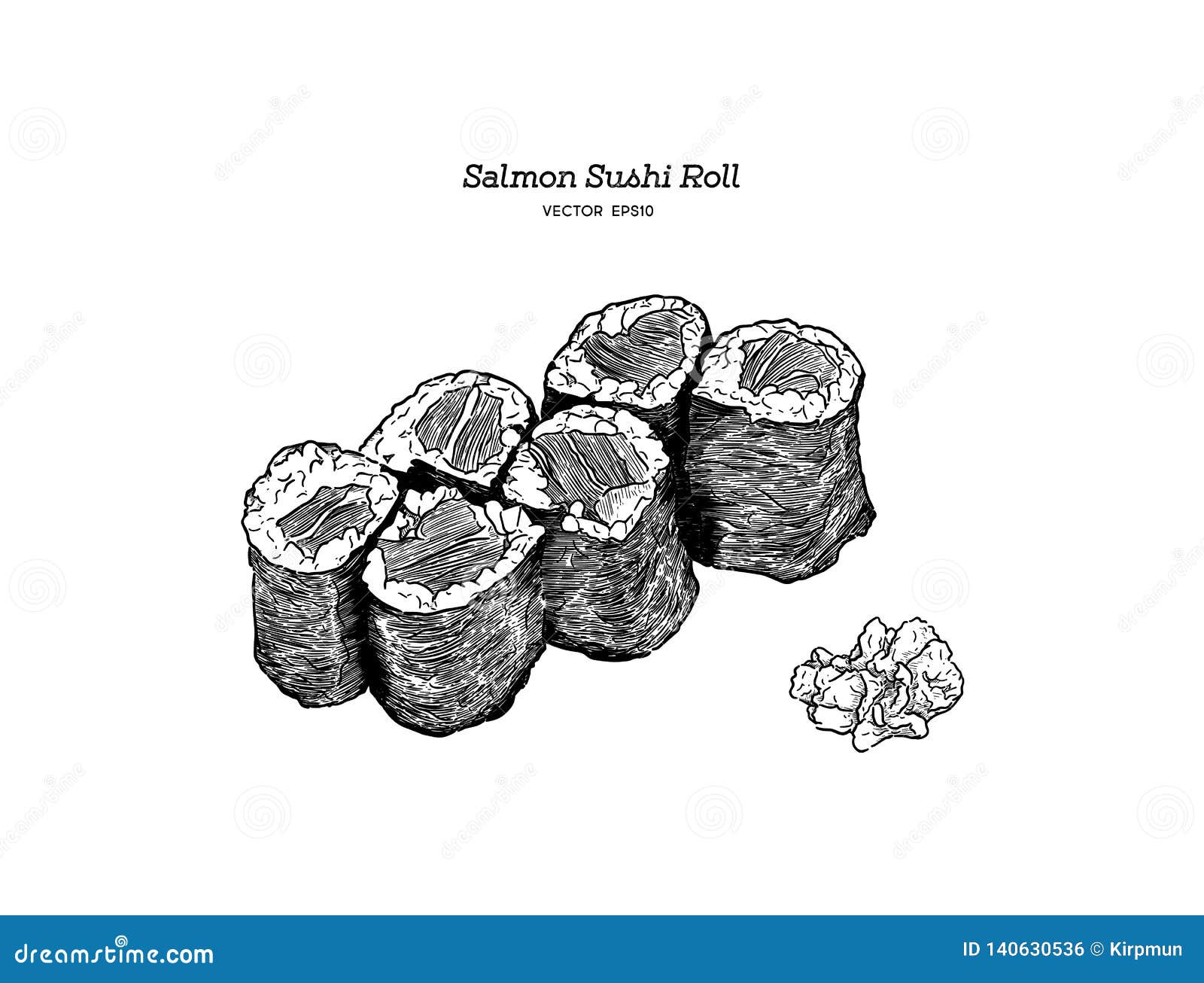 Salmon Sushi Roll, Hand Draw Vector Stock Vector Illustration of hand