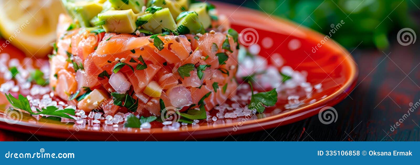 salmon tartar, raw trout tatr, tuna or yellowfin tartar with avocado puree, fresh parsley, lemon
