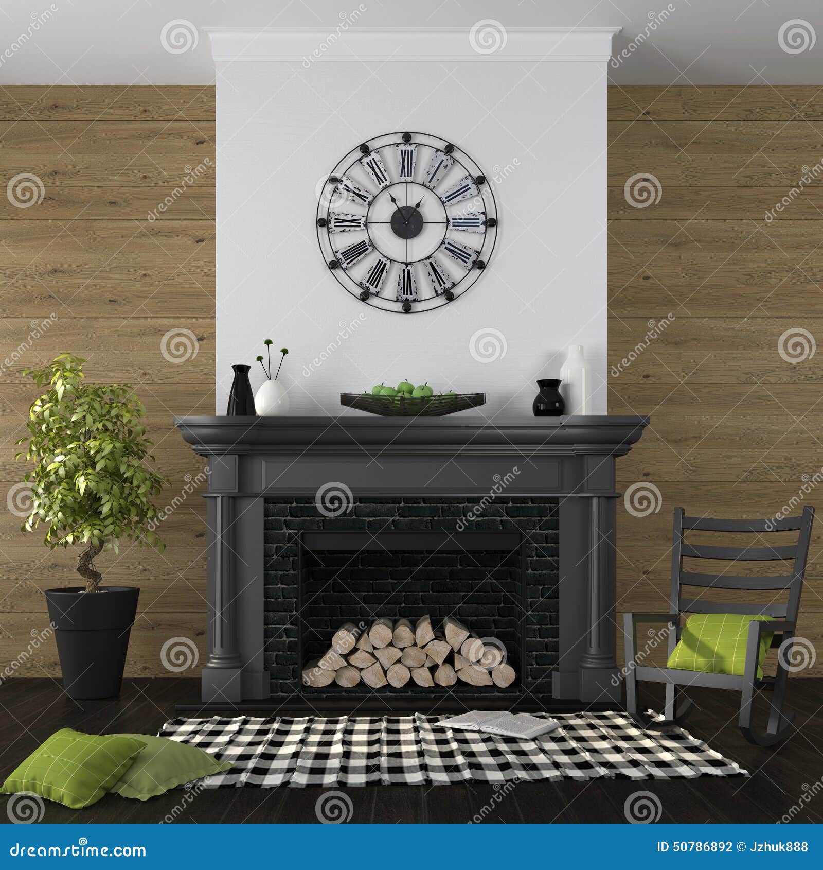 Salon avec la cheminée et le décor vert noir photo stock image ...