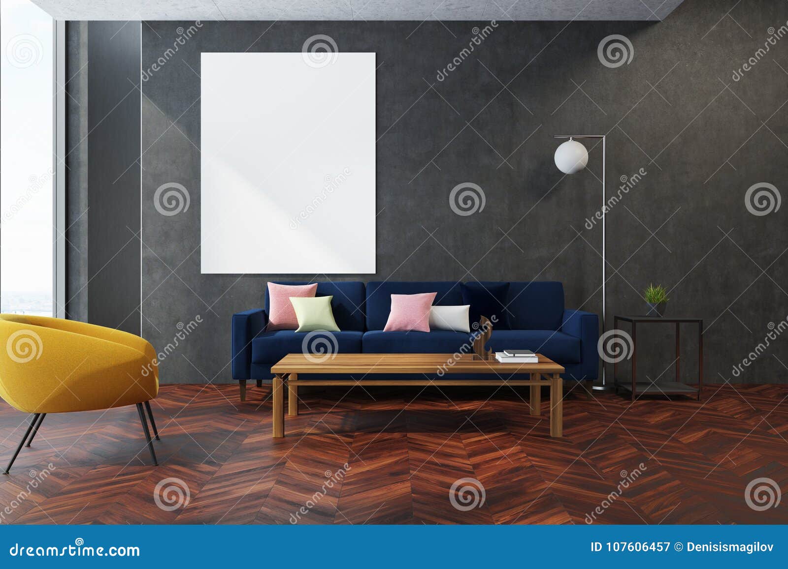 Salone grigio, poltrona gialla. Interno moderno del salone con un pavimento di legno, le pareti grige e un sofà blu con una poltrona gialla vicino ad un manifesto verticale e ad un tavolino da salotto derisione della rappresentazione 3d su