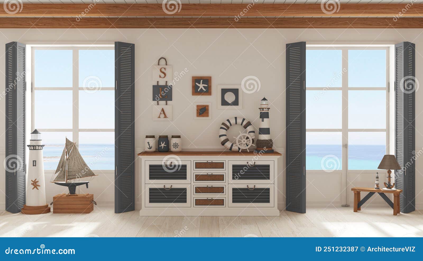 Salotto Di Stile Marino Con Cassa Di Legno E Di Canna Di Cassetti in  Tonalità Bianca E Grigia. Finestre Panoramiche Con Paesaggio Illustrazione  di Stock - Illustrazione di fasci, nautico: 251232387