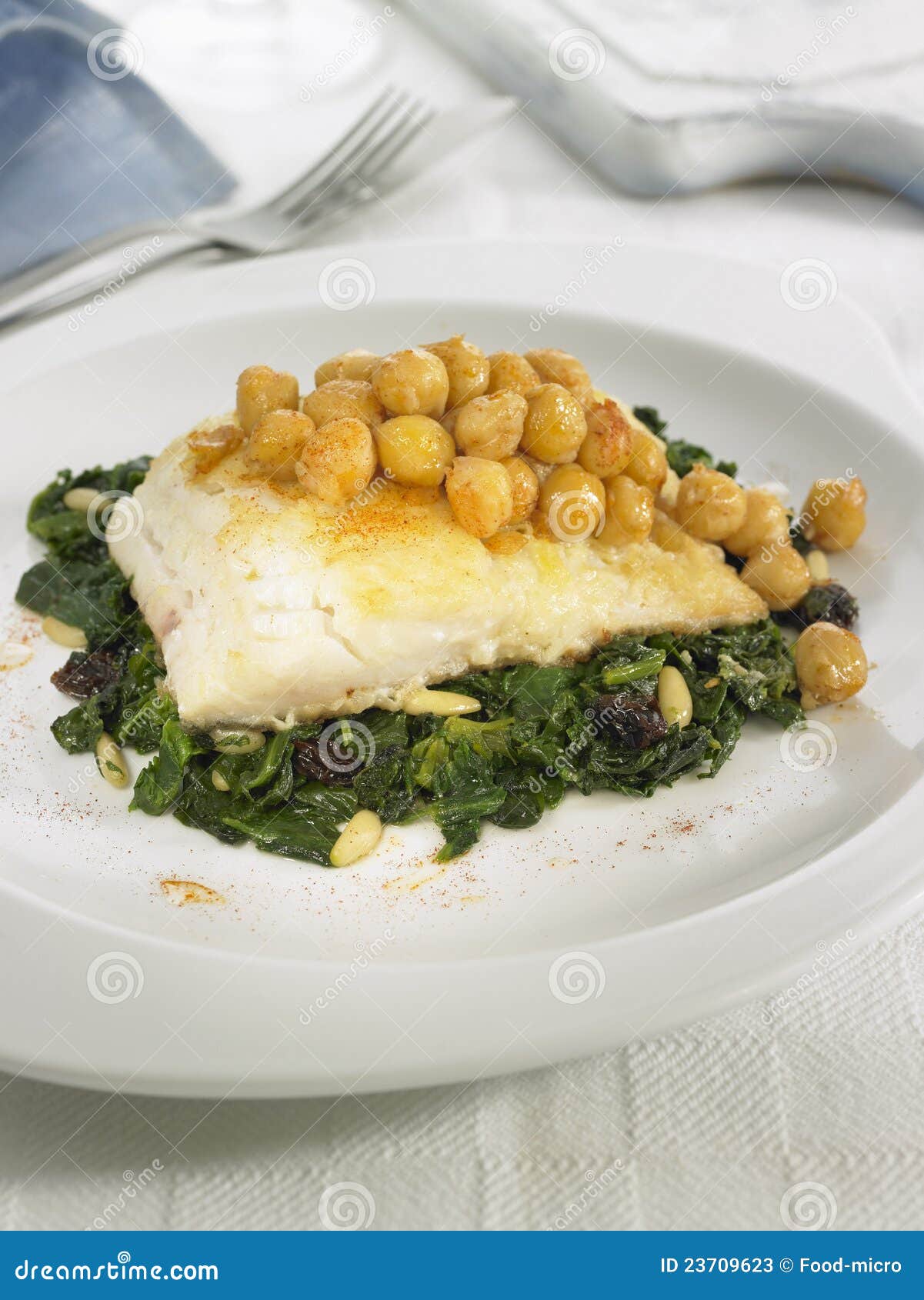 Saltcod with Chickpeas,spinach and Pine Nuts Stock Image Image of