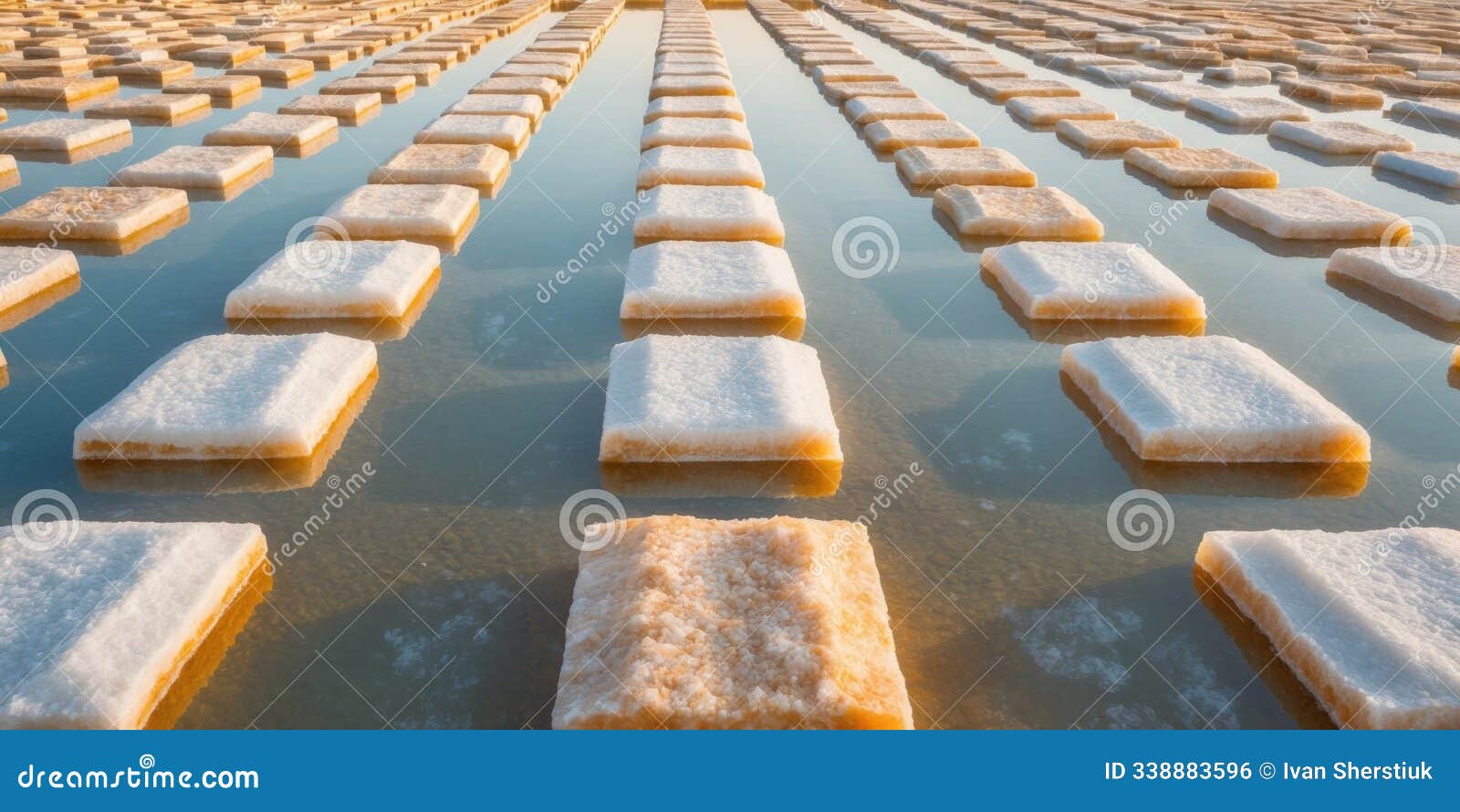 salt pan with square salt blocks lined up in rows reflecting in the water.