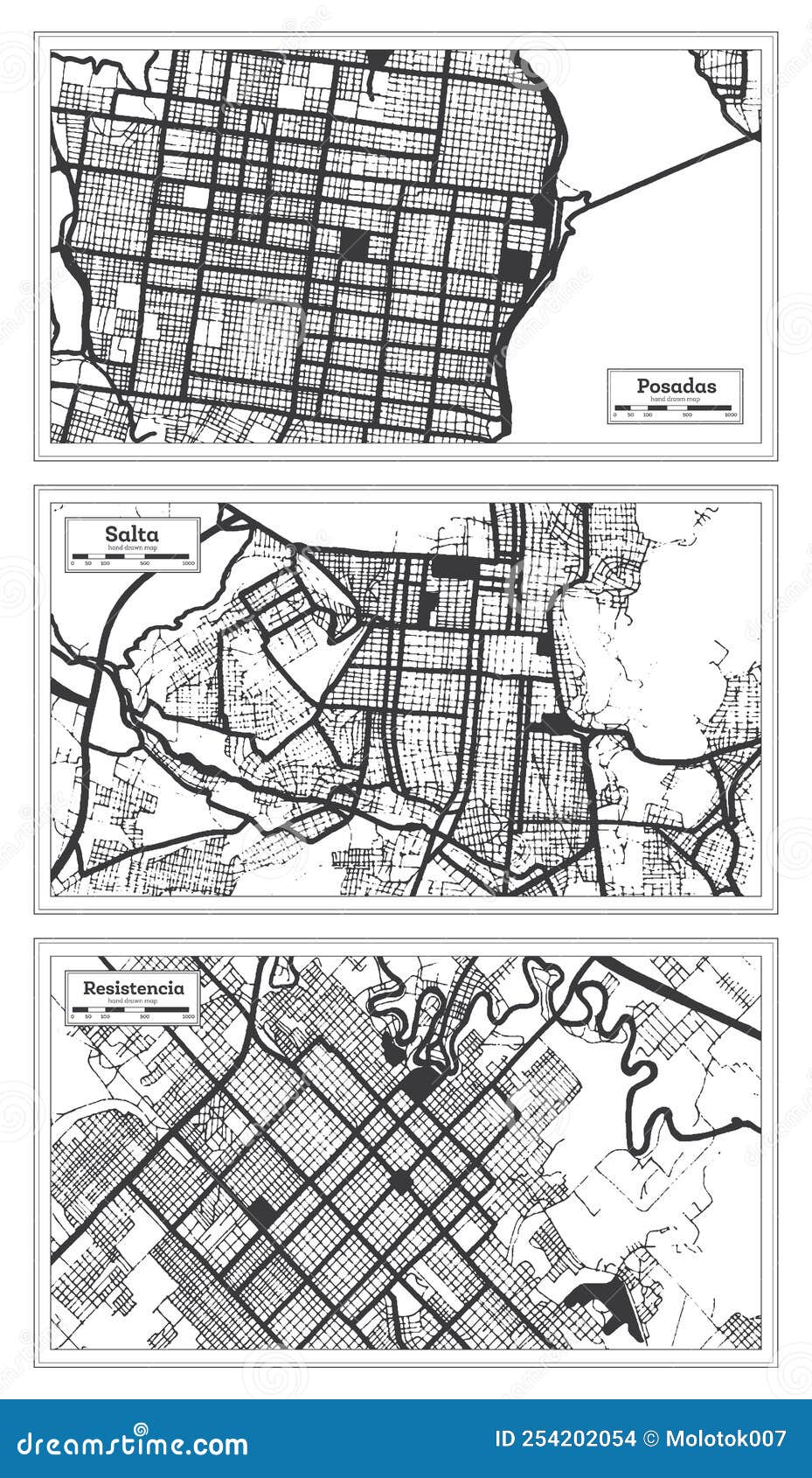 salta, resistencia and posadas argentina city map set in black and white color