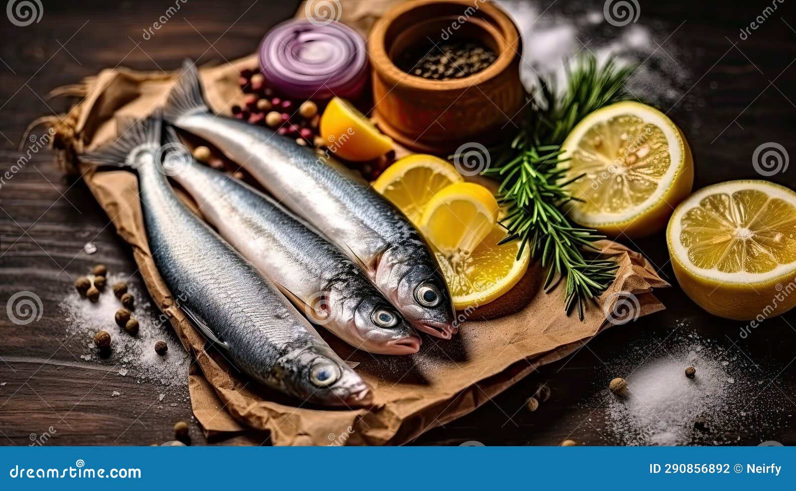 Salted herring fish stock photo. Image of table, lemon 290856892