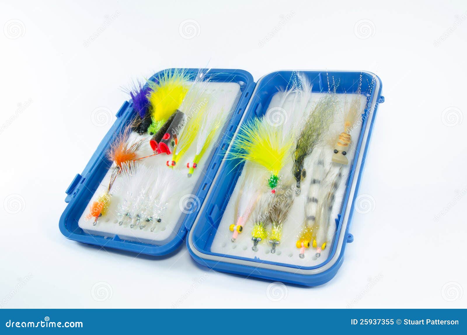 Saltwater fly fishing different fly fishing bugs in box Stock