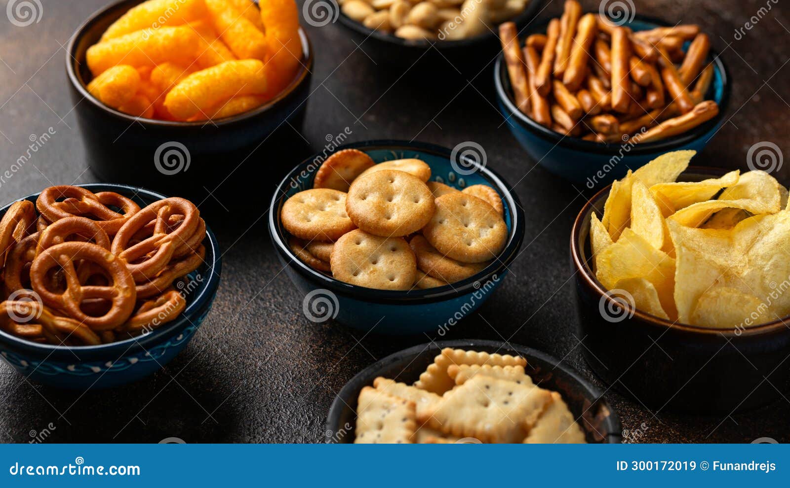 Salty Snacks Crackers, Potato Chips, Pretzel, Peanuts, Corn Puffs