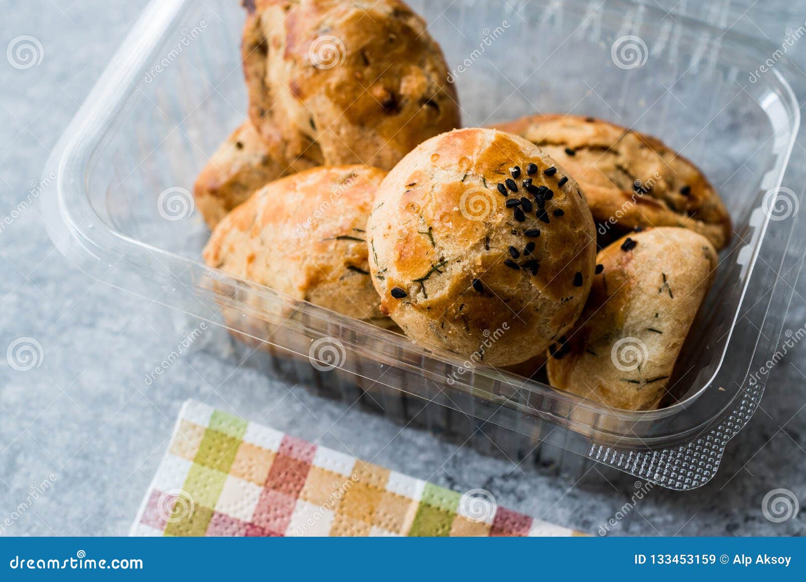 Salty Turkish Pastry with Dill / Pogaca in Plastic Container Box