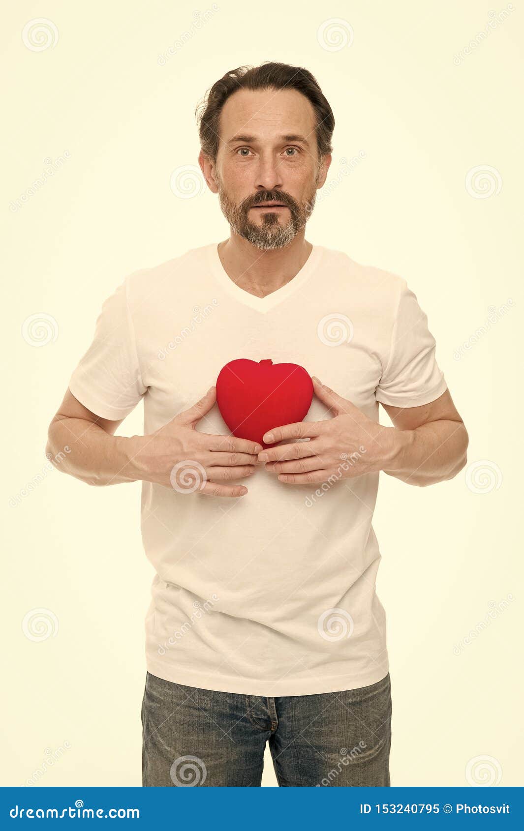 Greeting From Sincere Heart Man Bearded Hipster Hold Heart Celebrate Valentines Day Imagen De