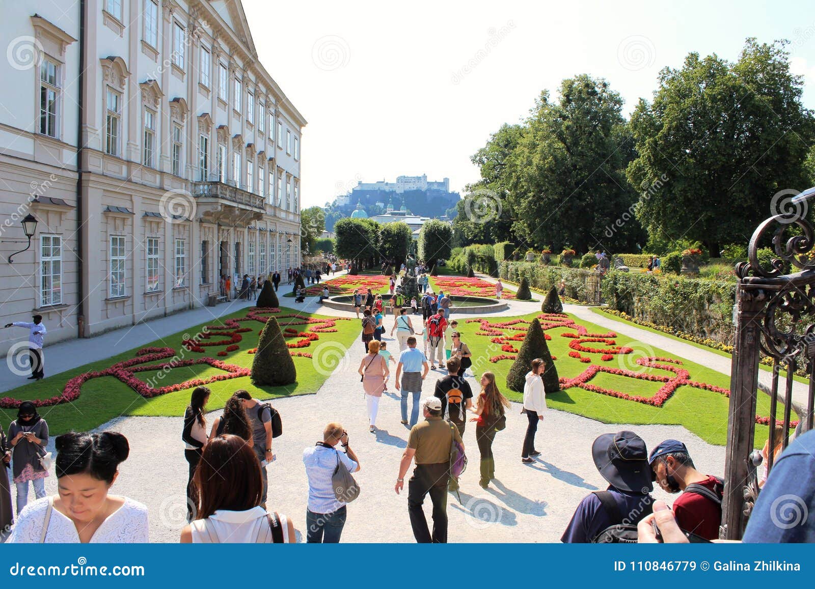 Salzburg Austria People Walk Among Flower Beds With Flowers In The Mirabell Park In Salzburg Editorial Stock Image Image Of Morning Recreation 110846779