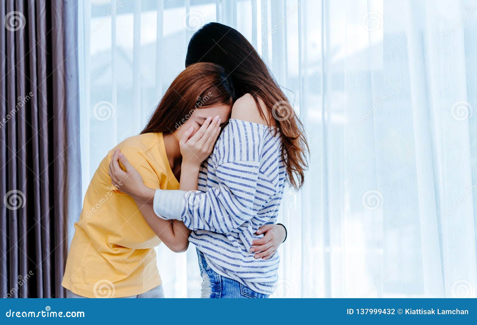 Same Sex Asian Lesbian Couple Lover Consoling Girlfriend Stock Photo