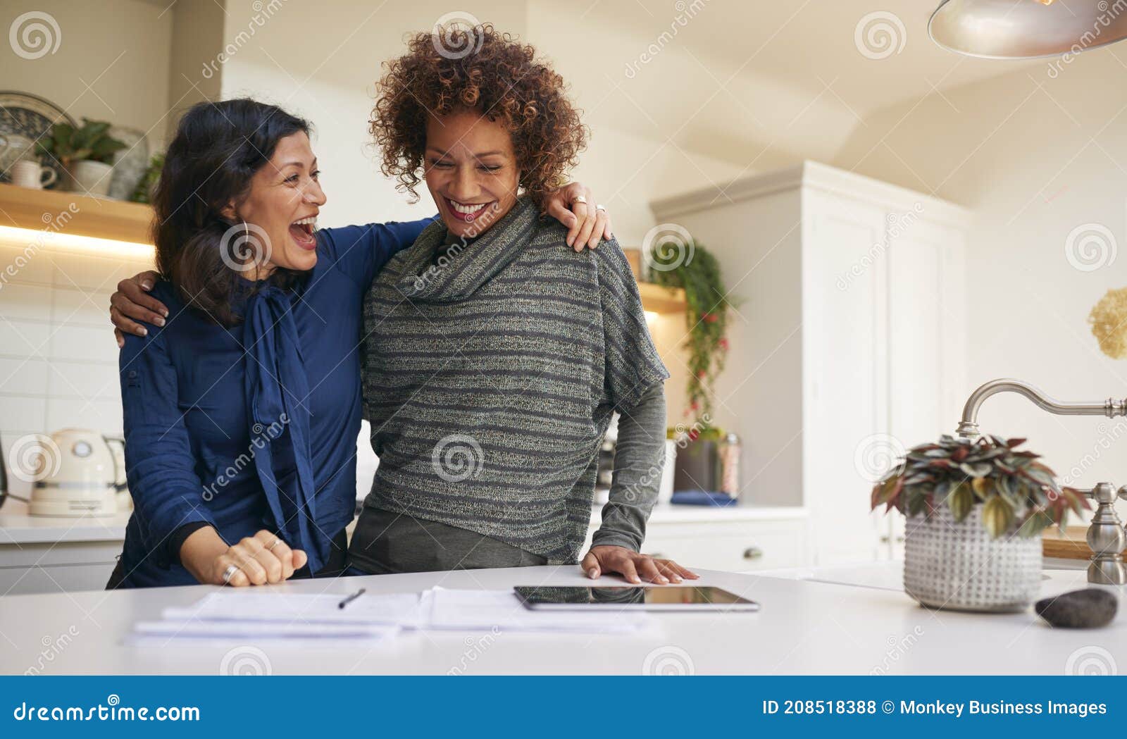 Same Sex Mature Female Couple Reviewing Domestic Finances and Investments in Kitchen at Home Stock Photo