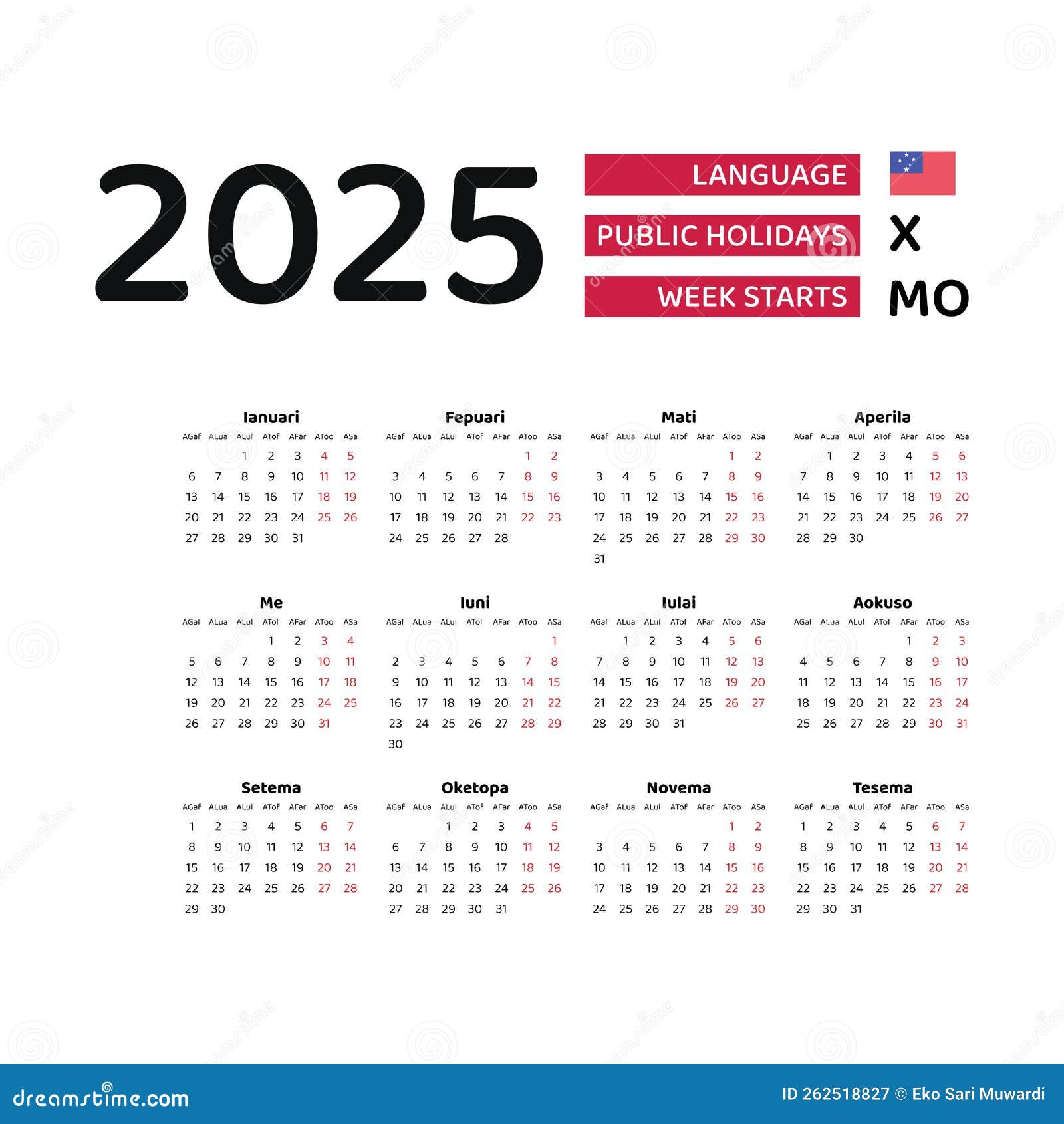 Samoa Calendar 2025. Week Starts from Monday. Vector Graphic Design