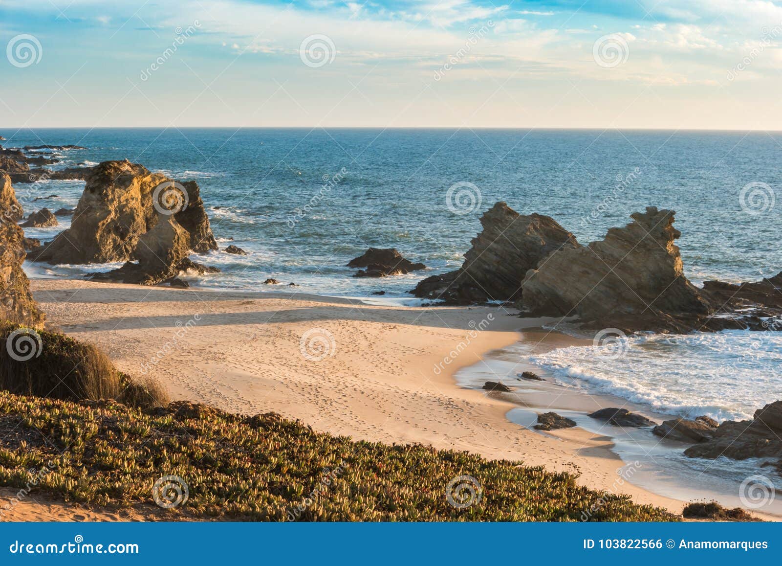 samouqueira beach with rocks in porto covo in alentejo, portugal