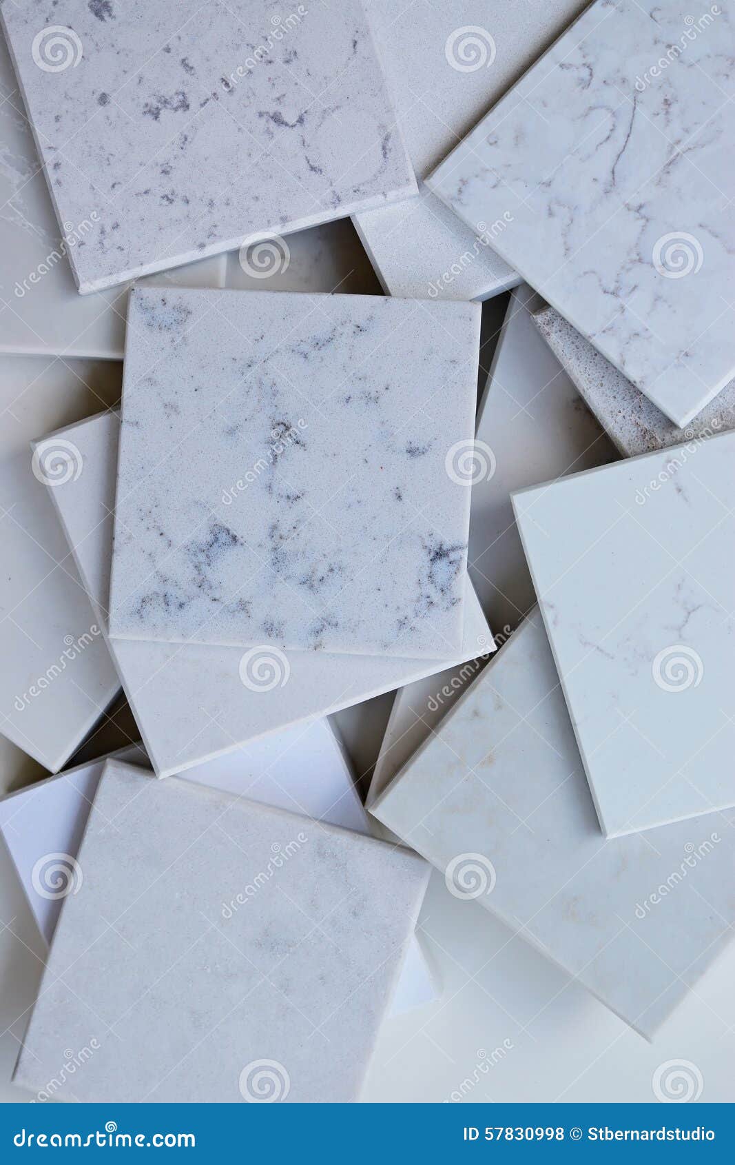 samples of different stones mainly white based with marble like grains and veins
