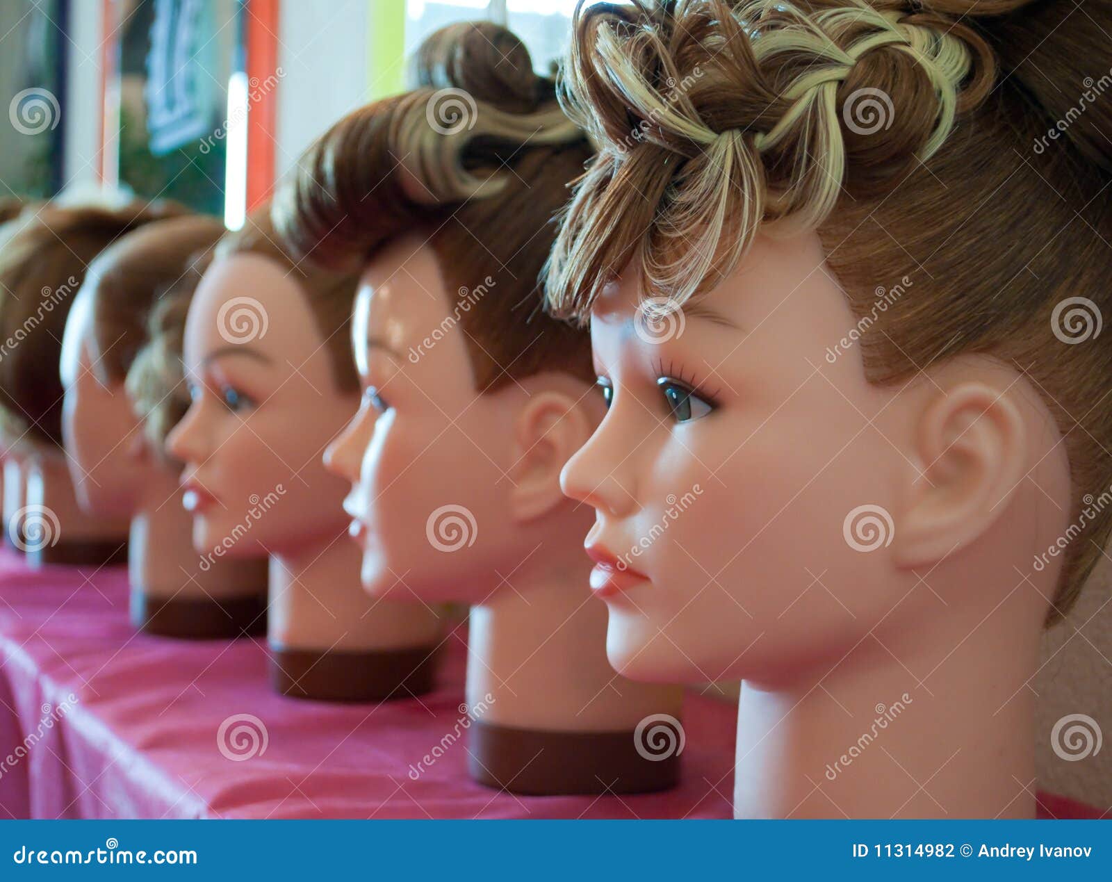 samples of hairdresses on dummies in a hairdressin