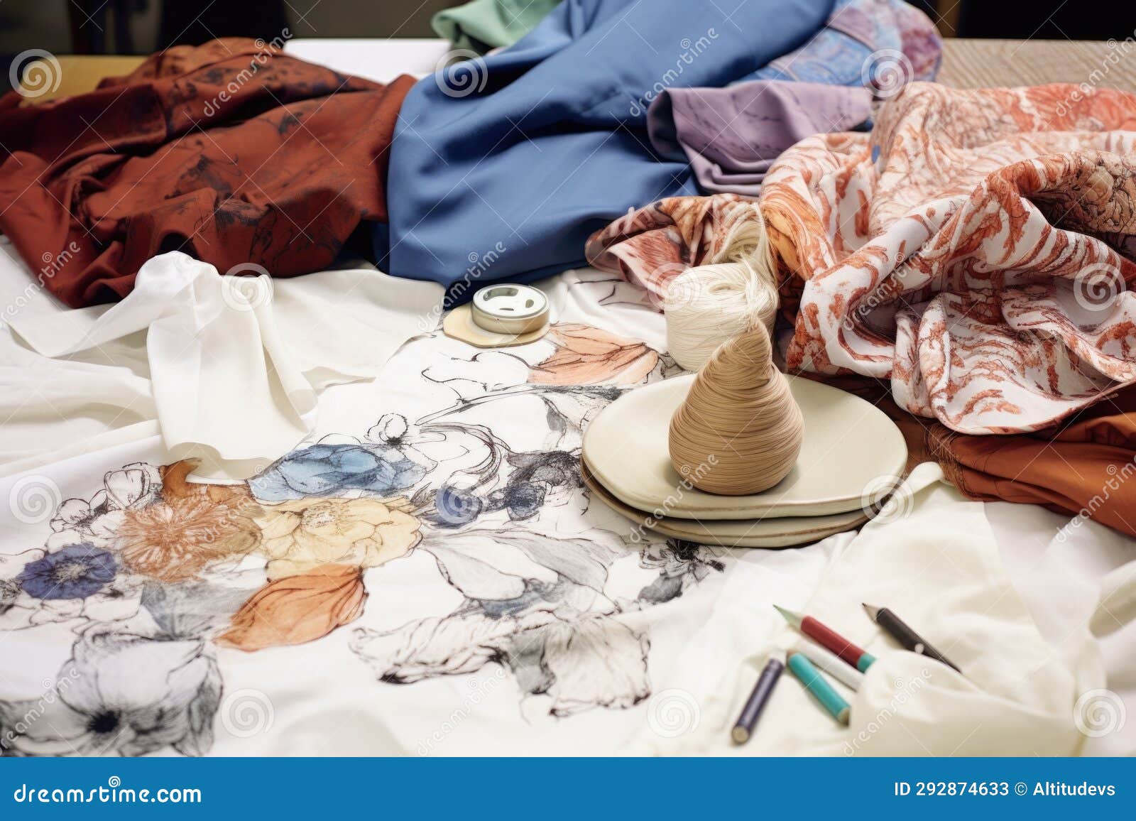 Samples of Textile Fabrics Next To Drawings of Clothes Stock Image