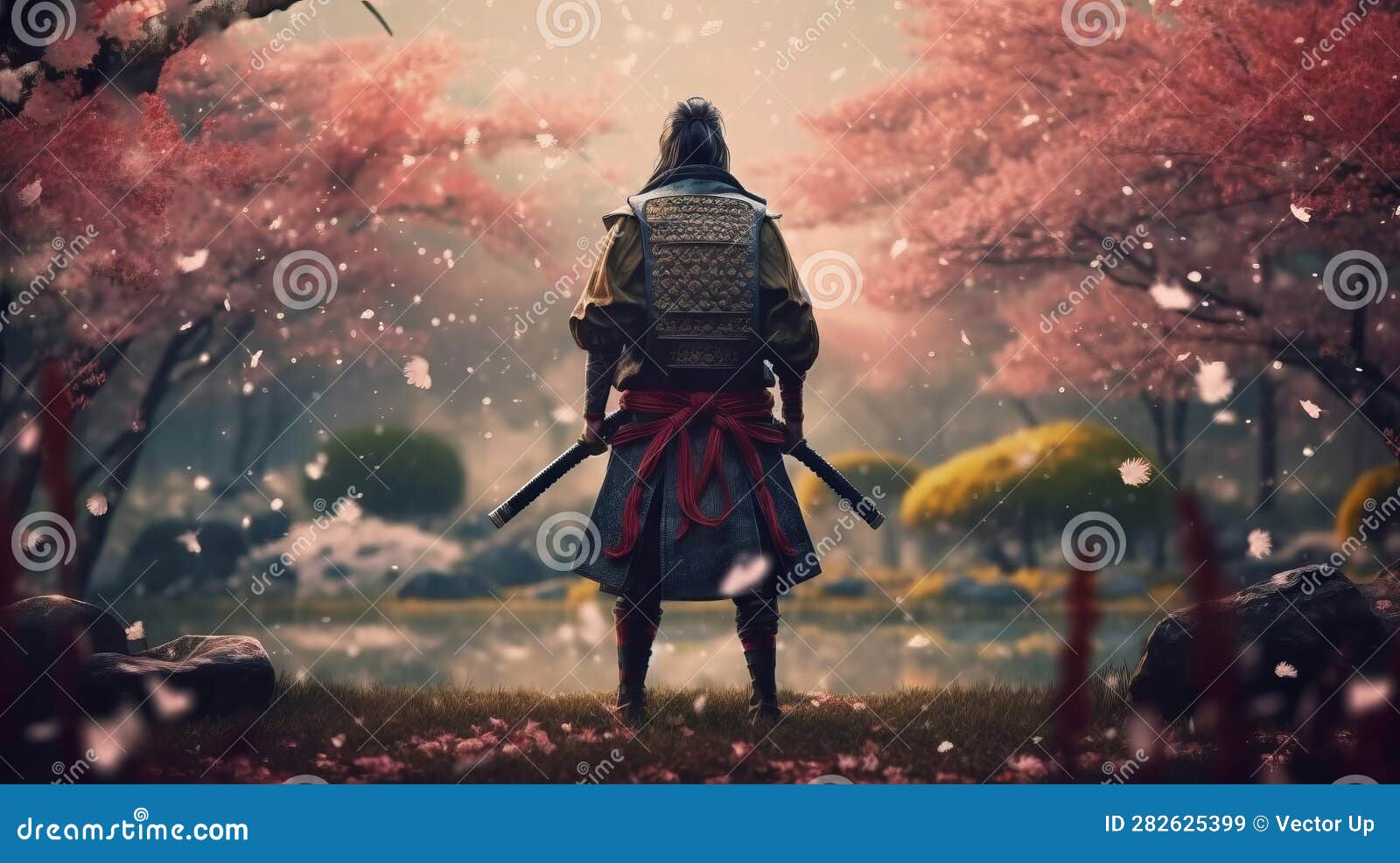 samurai in a blooming garden back view. generative ai.