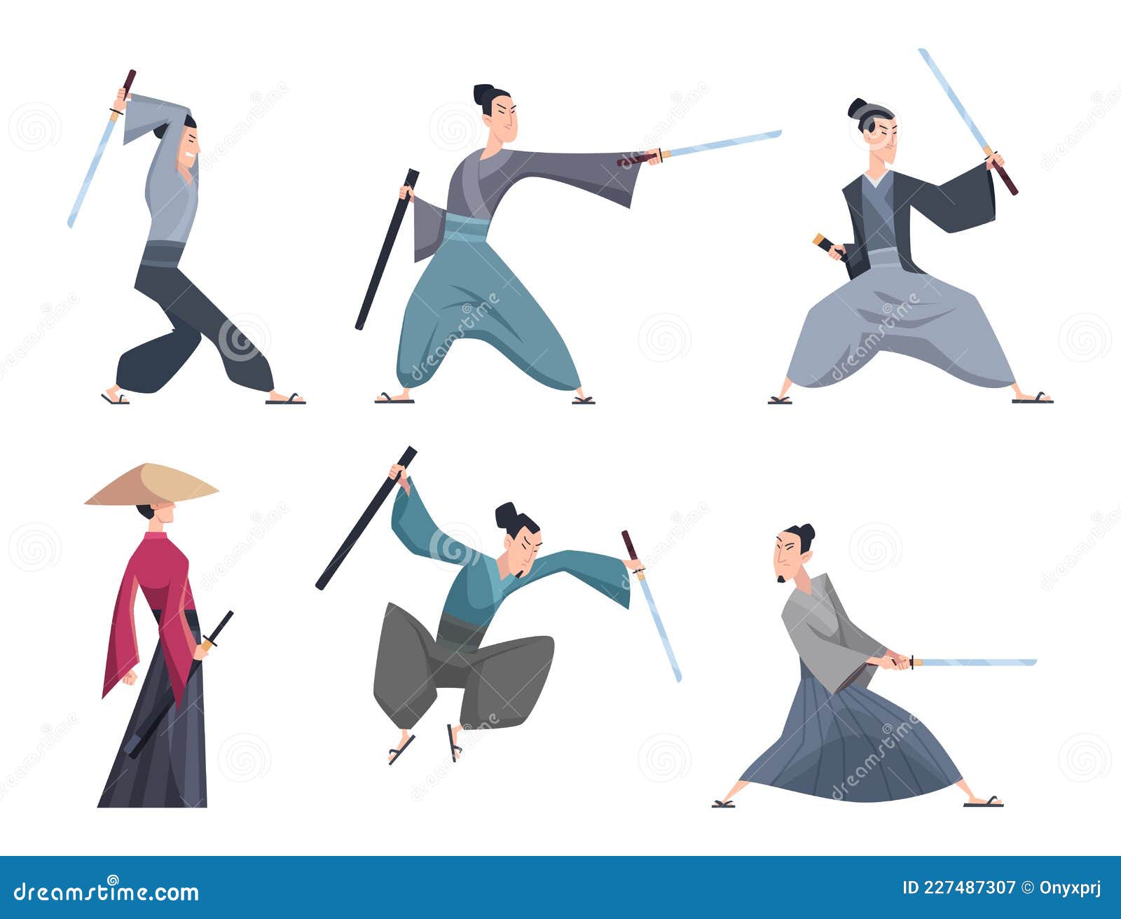 Premium Vector | Samurai male asian warriors with sword various action poses  exact vector cartoon characters isolated