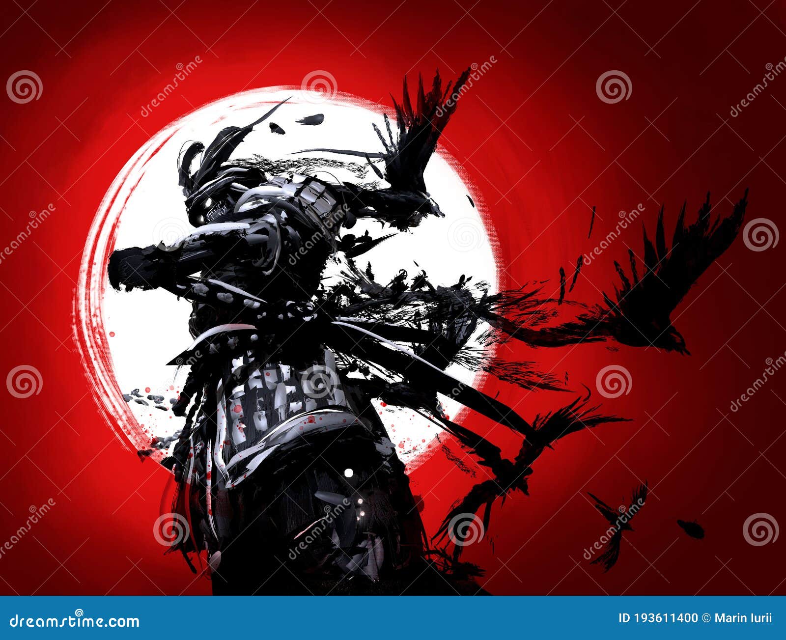 Samurai is Set Against a Backdrop of Bloody Sunset Stock Illustration