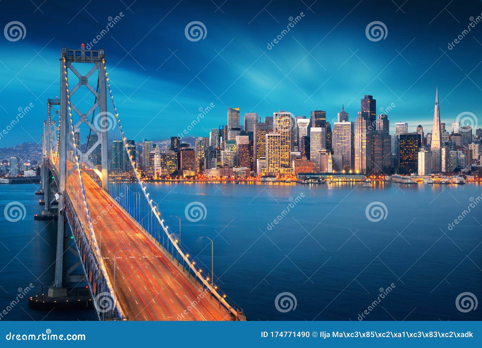 san francisco at sunrise with bay bridge in foreground. amazing view to famous america city. california theme. art photography