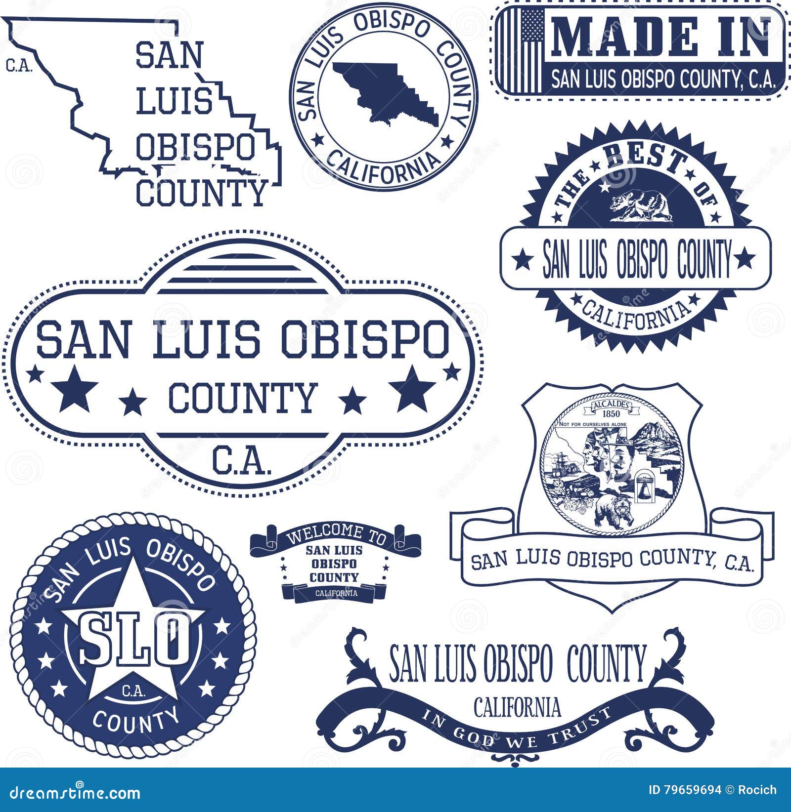 san luis obispo county, ca. set of stamps and signs