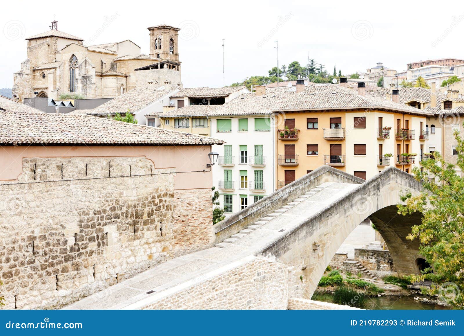 san miguel church with bridge puente de la carcel, estella, road