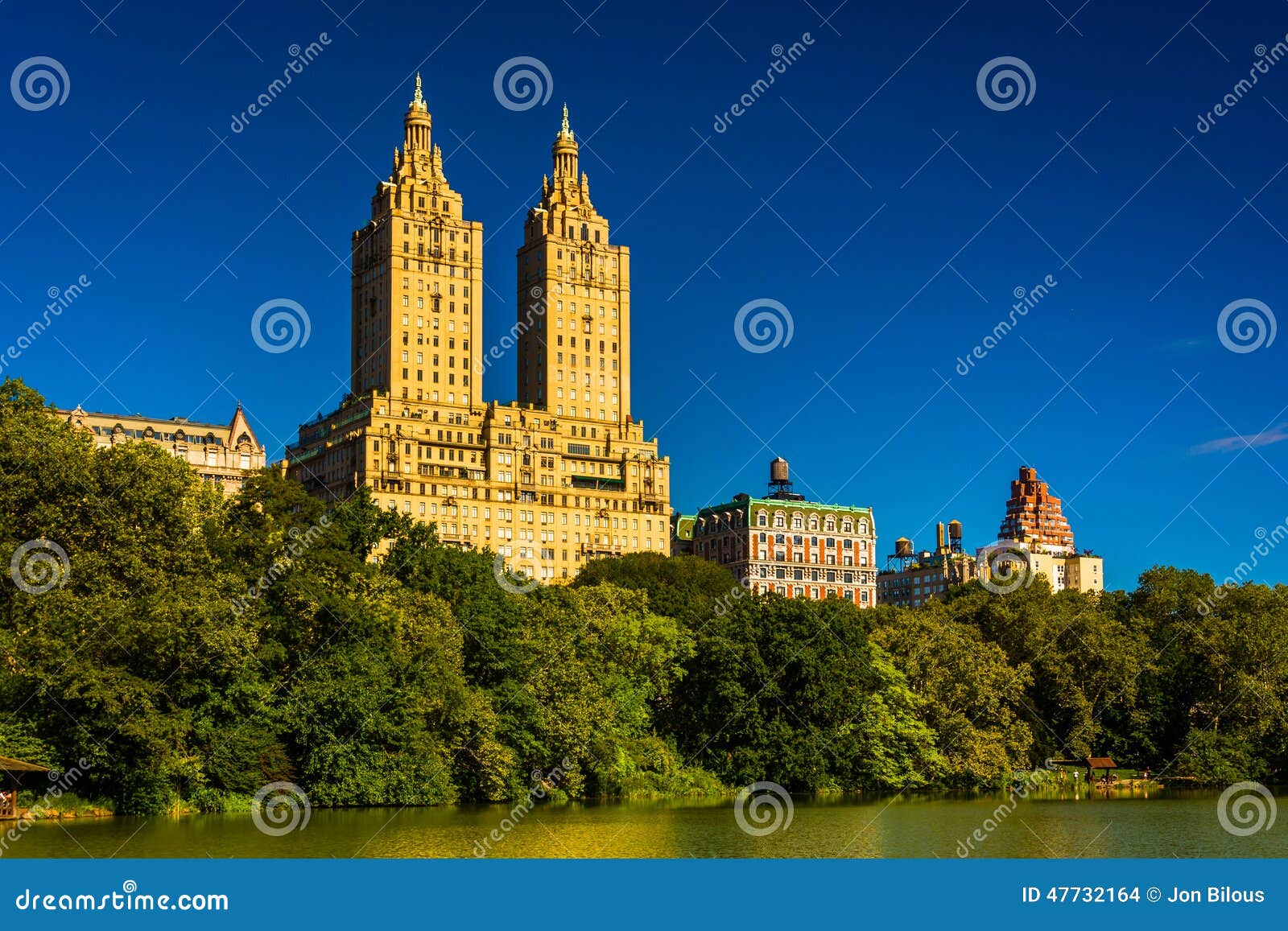the san remo and the lake seen at central park, manhattan, new y