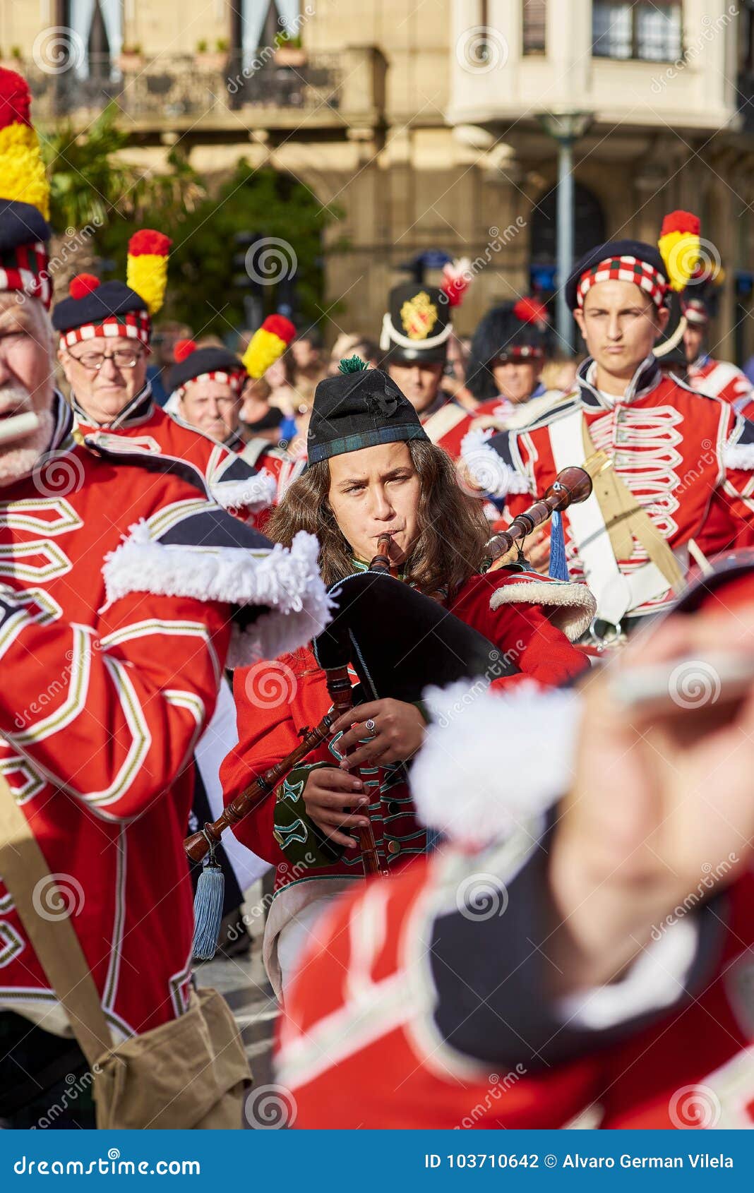 Soldiers Playing Bagpipe in Tamborrada of San Sebastian. Basque Country ...