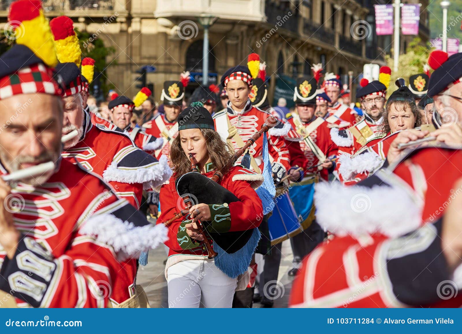 Soldiers Playing Flute and Bagpipe in Tamborrada of San Sebastian ...