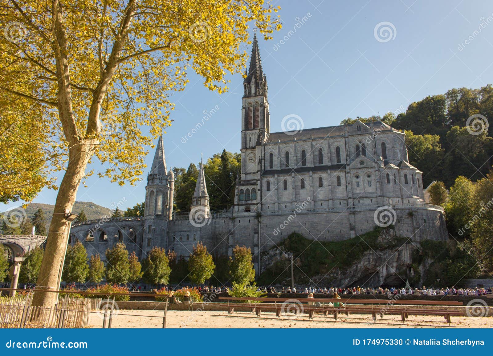 Sanctuary of Our Lady of Lourdes in France on Sunny Day. Lourdes ...