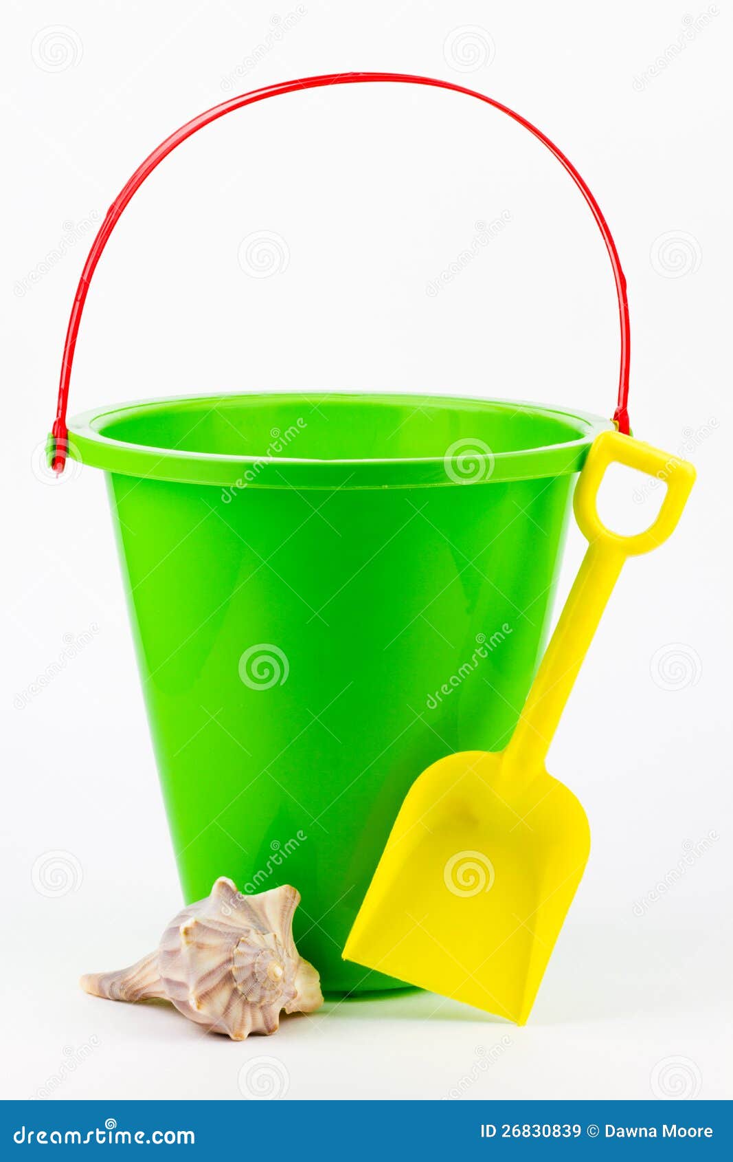 A Sand Bucket, Shovel, and Seashell. Stock Image Image of busycon