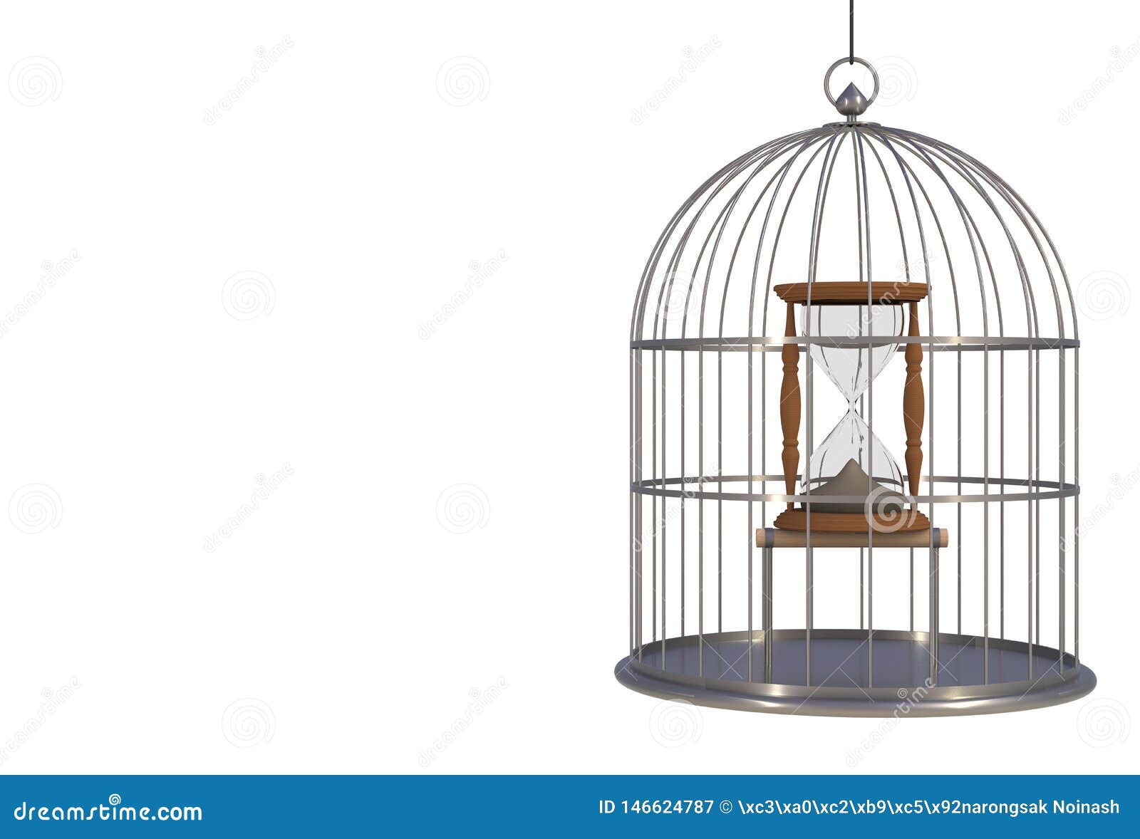Sand Clock Inside the Bird Cage Isolated on White Background Stock