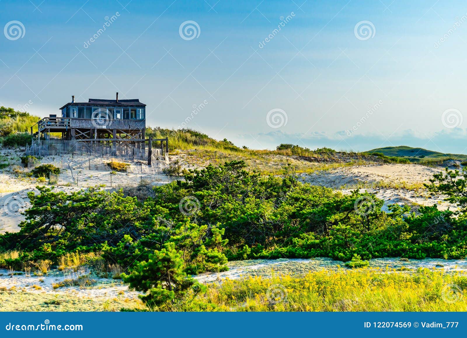 Sand Dunes, House and Grass of the Provincelands Cape Cod MA US. Stock