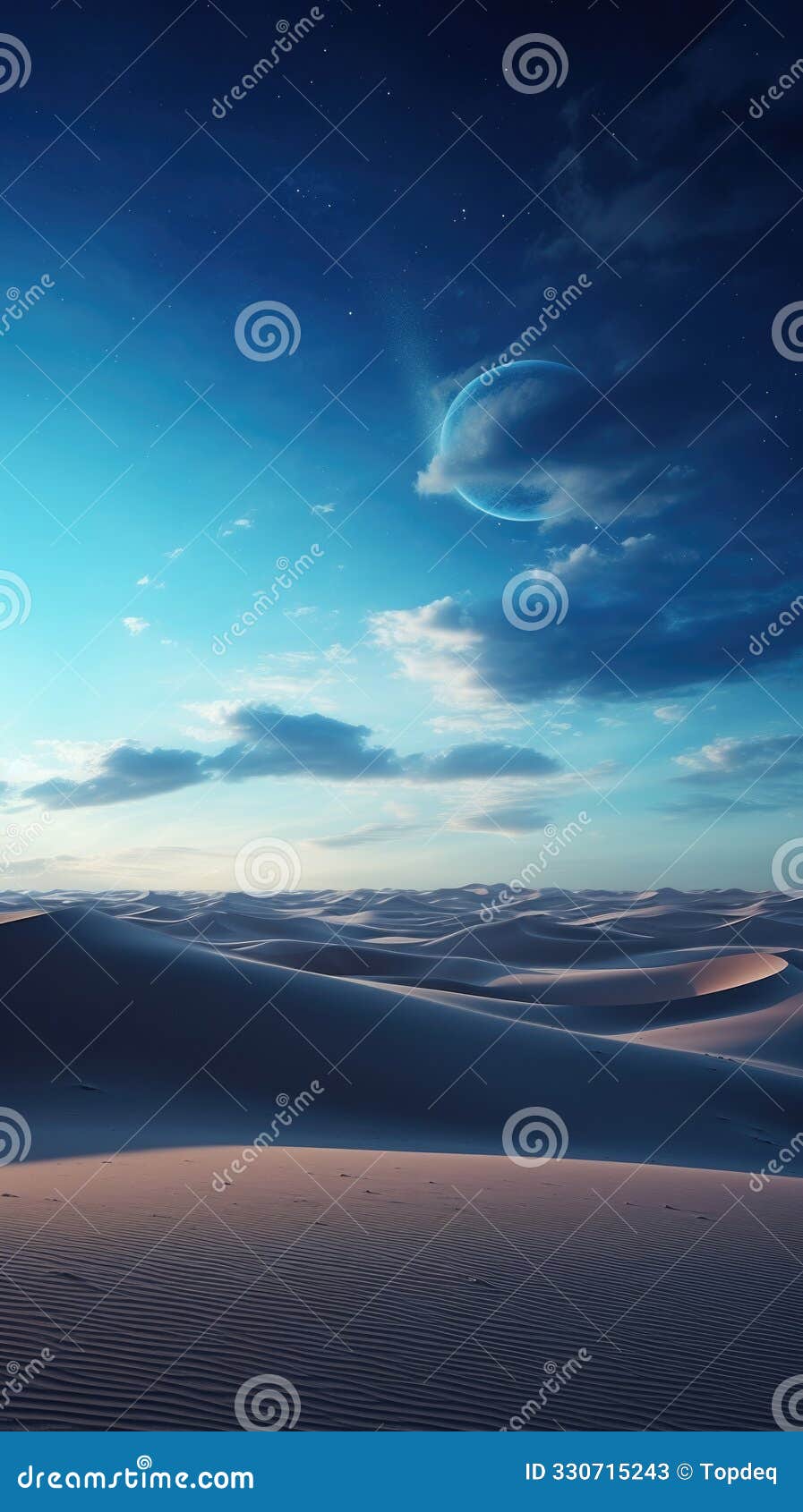 sand dunes under moon and star filled sky with clouds, night dramatic desert landscape