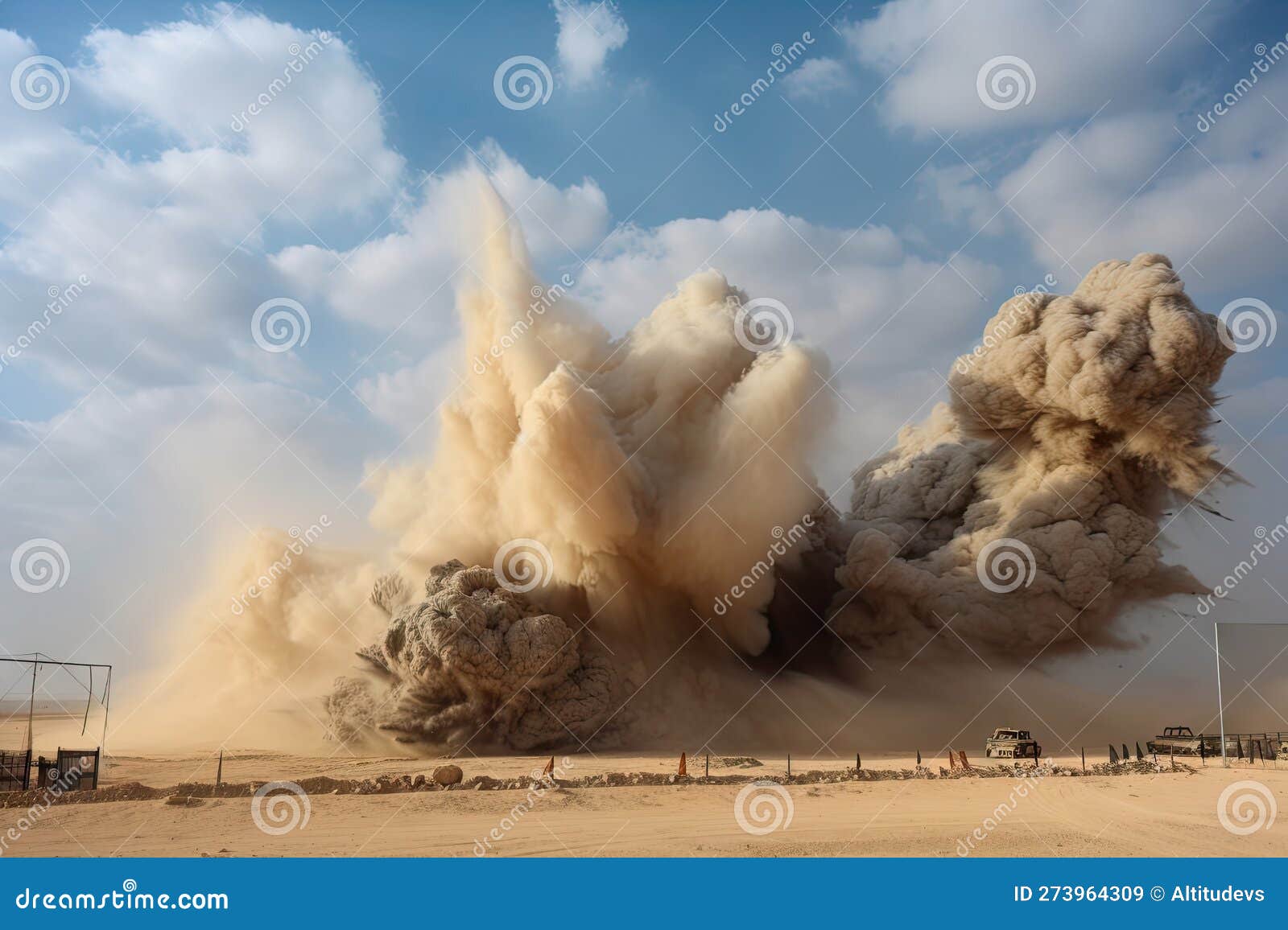 Sand Explosion, with Smoke and Fire Billowing from the Blast Site Stock