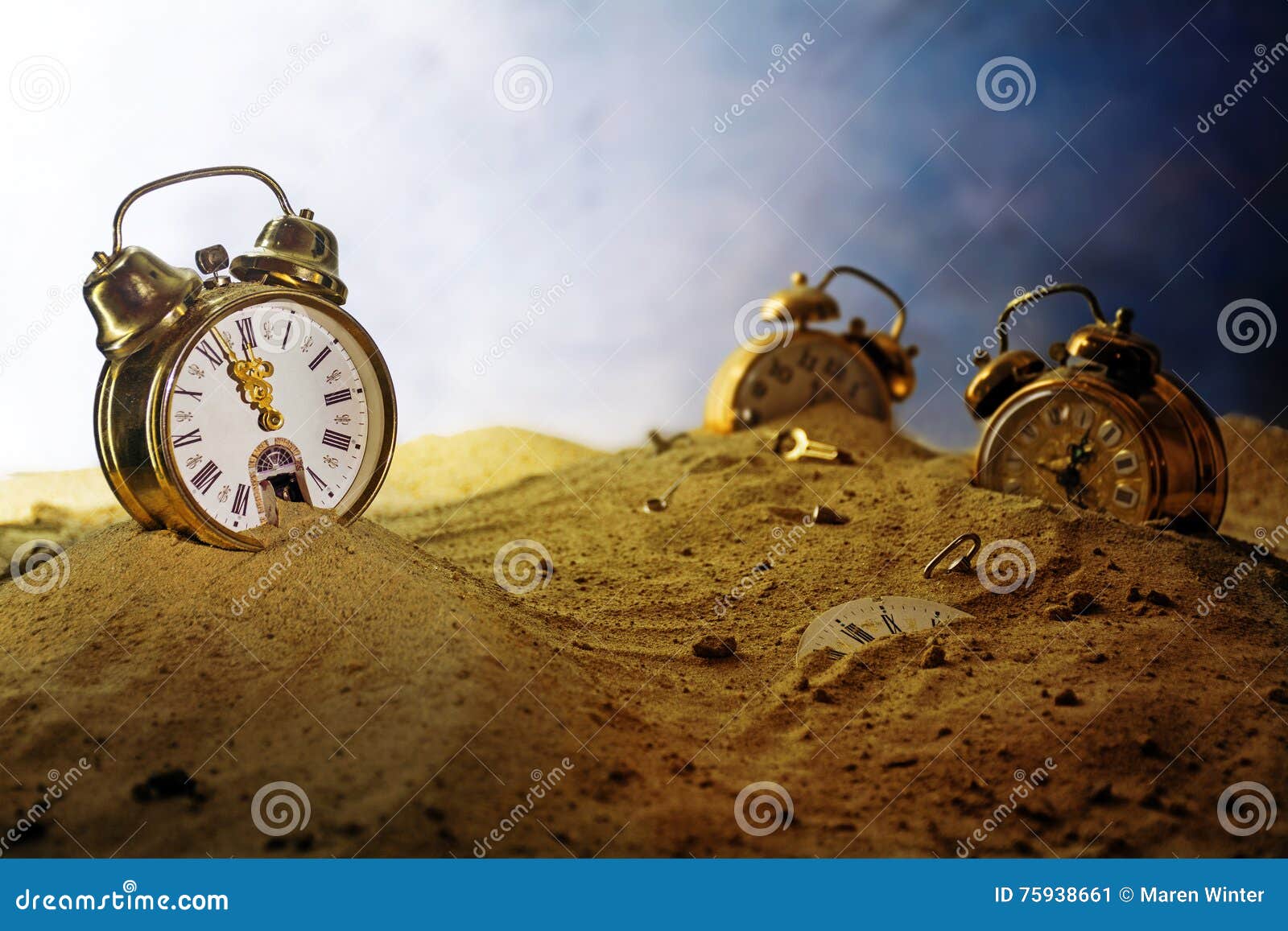 sand running out of an alarm clock, other watches sink into the