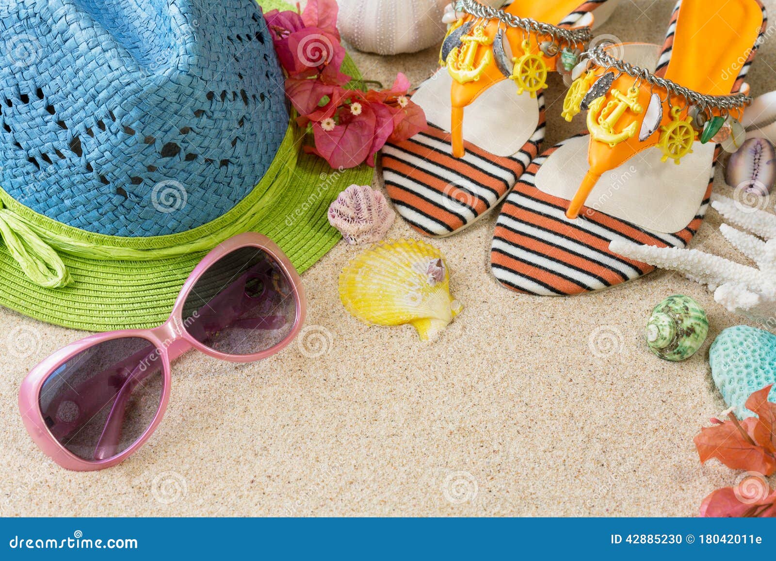 Sandals, Hat and Sunglasses on the Sand. Summer Beach Concept Stock ...