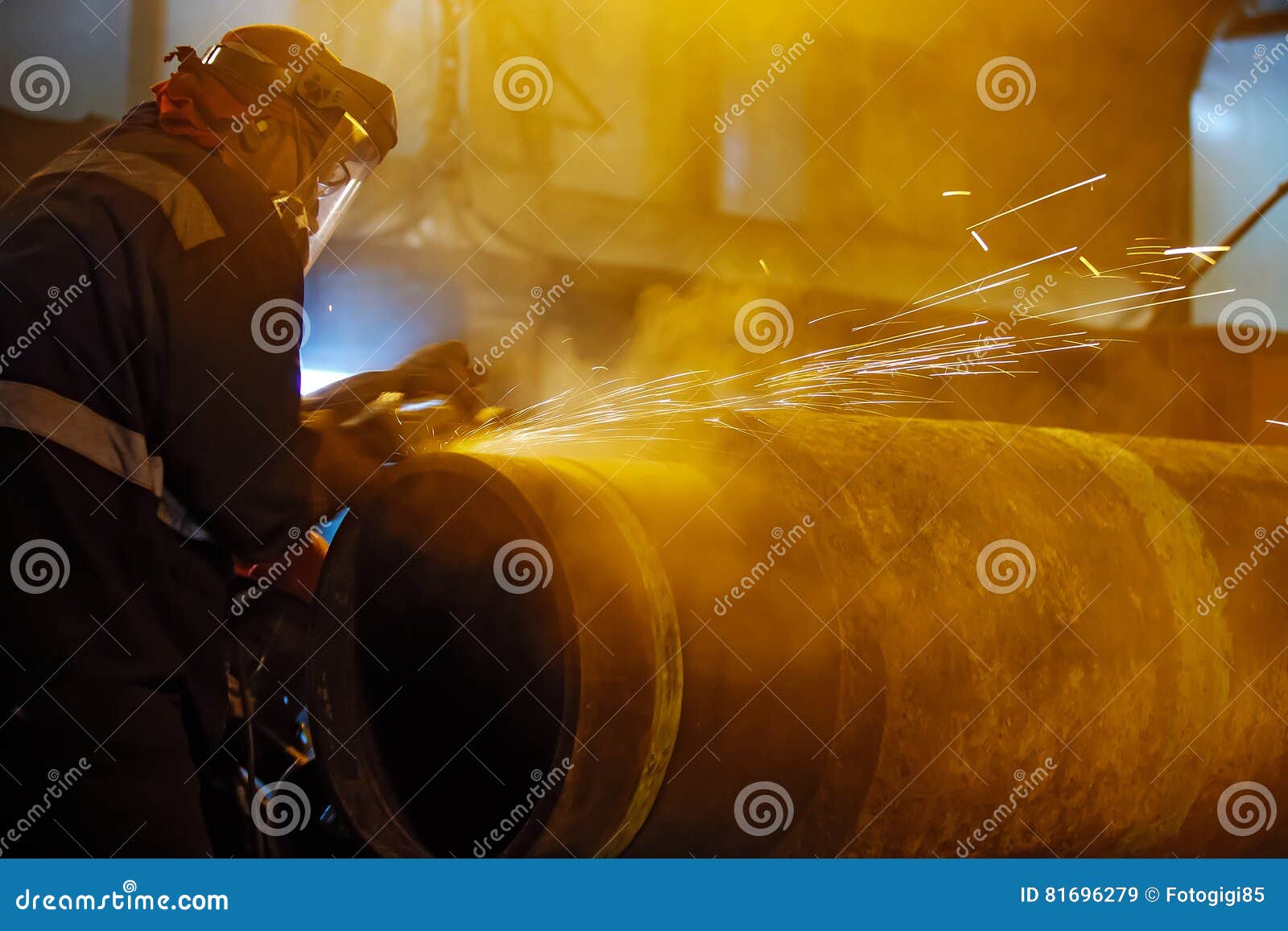 Sanding Pipeline Connection. Preparation of Metal for Welding Stock