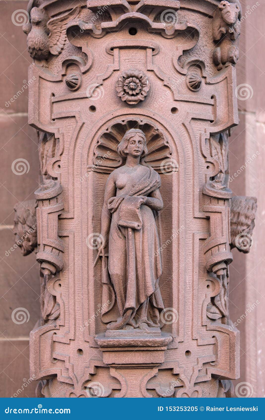sandstone sculpture on the outer facade of the rathaus roemer frankfurt am main germany