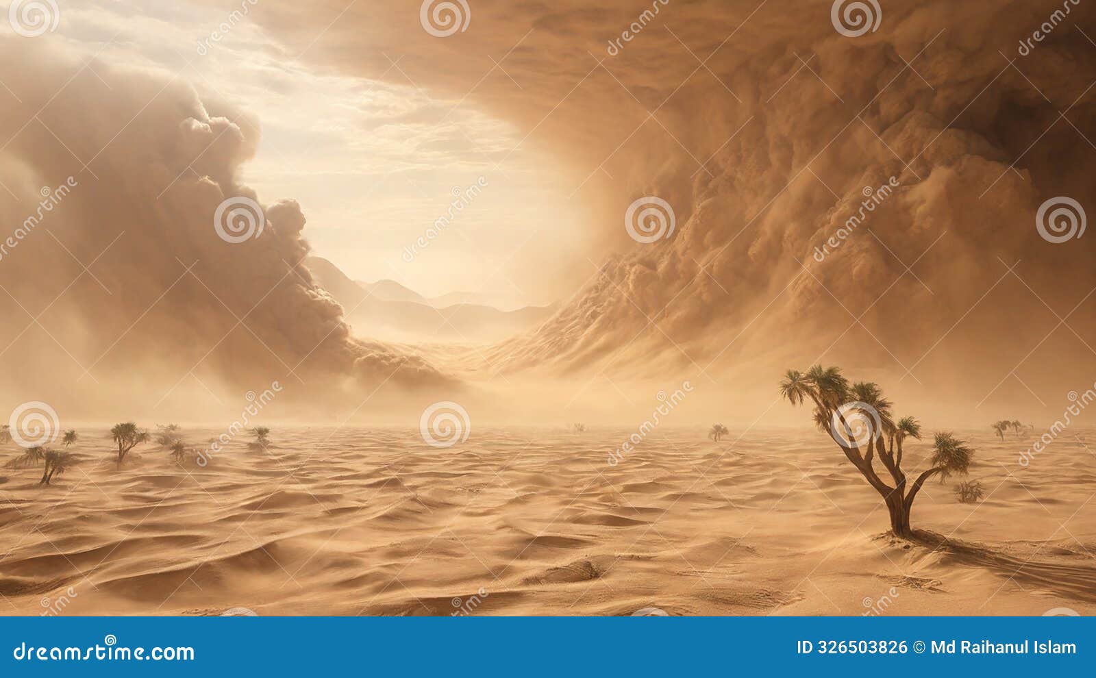 the sandstorm engulfs the landscape, creating a surreal and ever-changing scene.