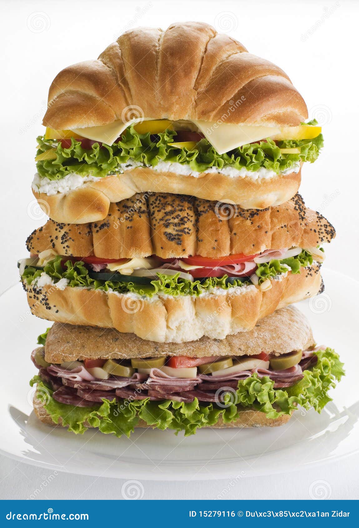 Three fresh sandwiches in stack close up shoot
