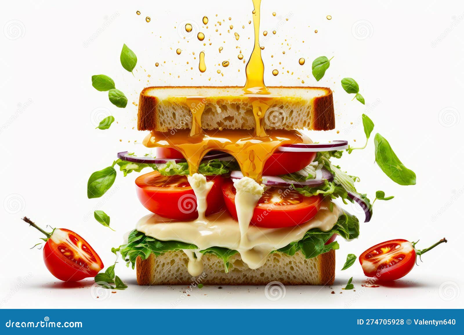 Sandwich with Cheese, Tomatoes, Lettuce, Onions and Tomatoes