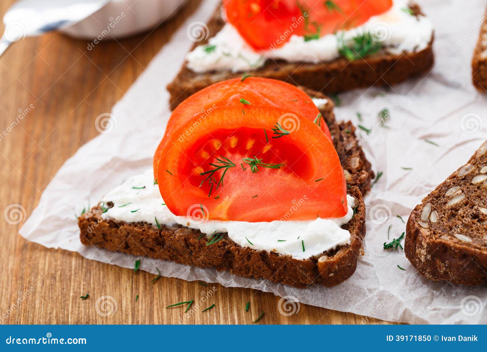 Sandwich with Cream Cheese and Tomato Stock Photo Image of table