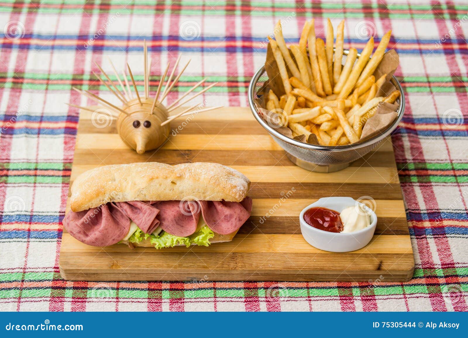 Sandwich, Fried Potatoes with Ketchup and Mayonnaise Stock Photo